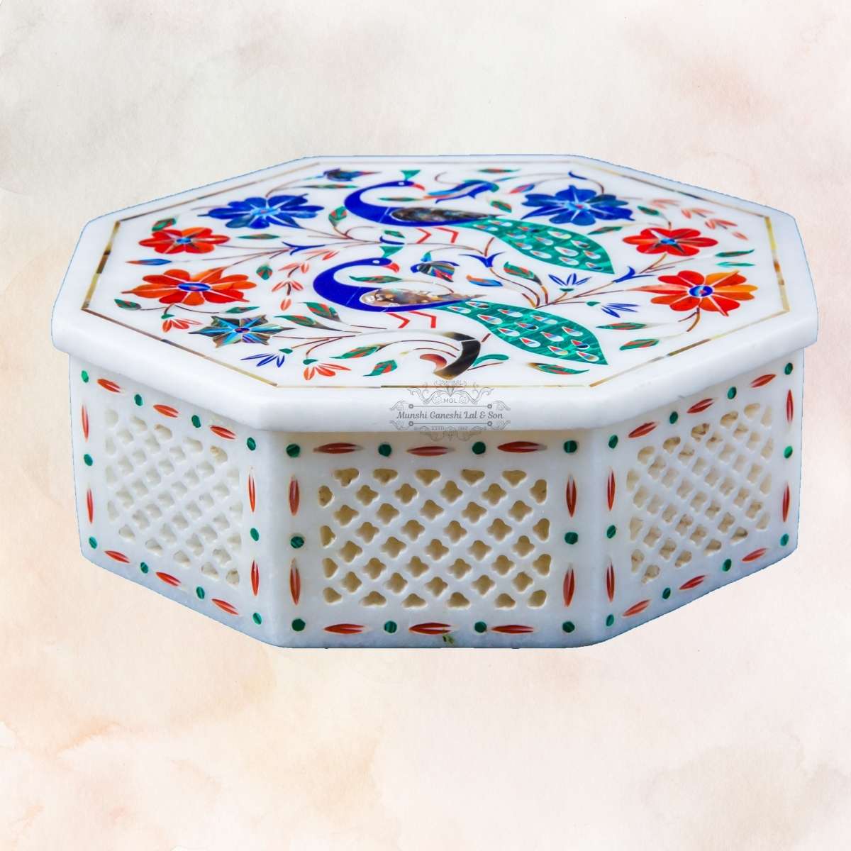 Peacock Designed Marble Octagon Shape Jewellery Box